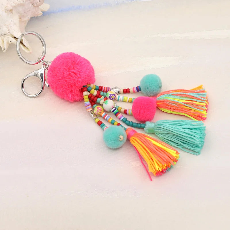 Women Jewelry Boho Keychain Colorful Beads Tassel Pompom Bag Pendant Keychain Car Key Chains Accessories Gift Female