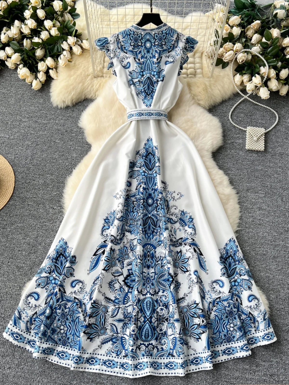 Ele Floral Print Long Dr Vintage Single Button V-Ne Skirt High Waist ort Sve Women's Summer Faion Dr