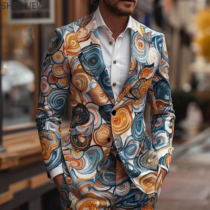 Men Personalized Casual Suit Water Pattern Jacquard Suit Jacket & Pant Fashion Printing Emcee Banquet Sets Business Casual Suits