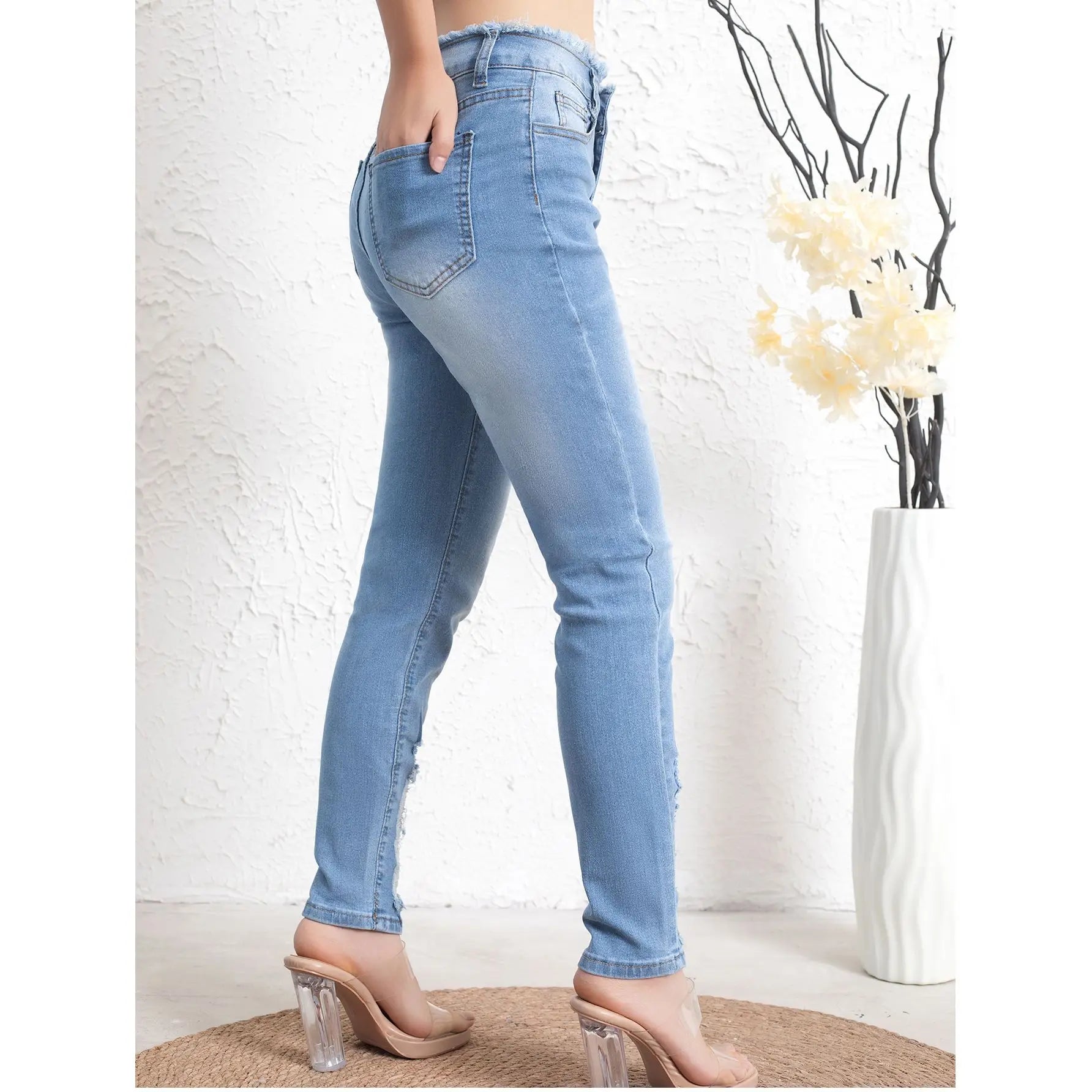 Women's jeans spring and autumn elastic American retro fashion light blue hole versatile slimming trend denim pants