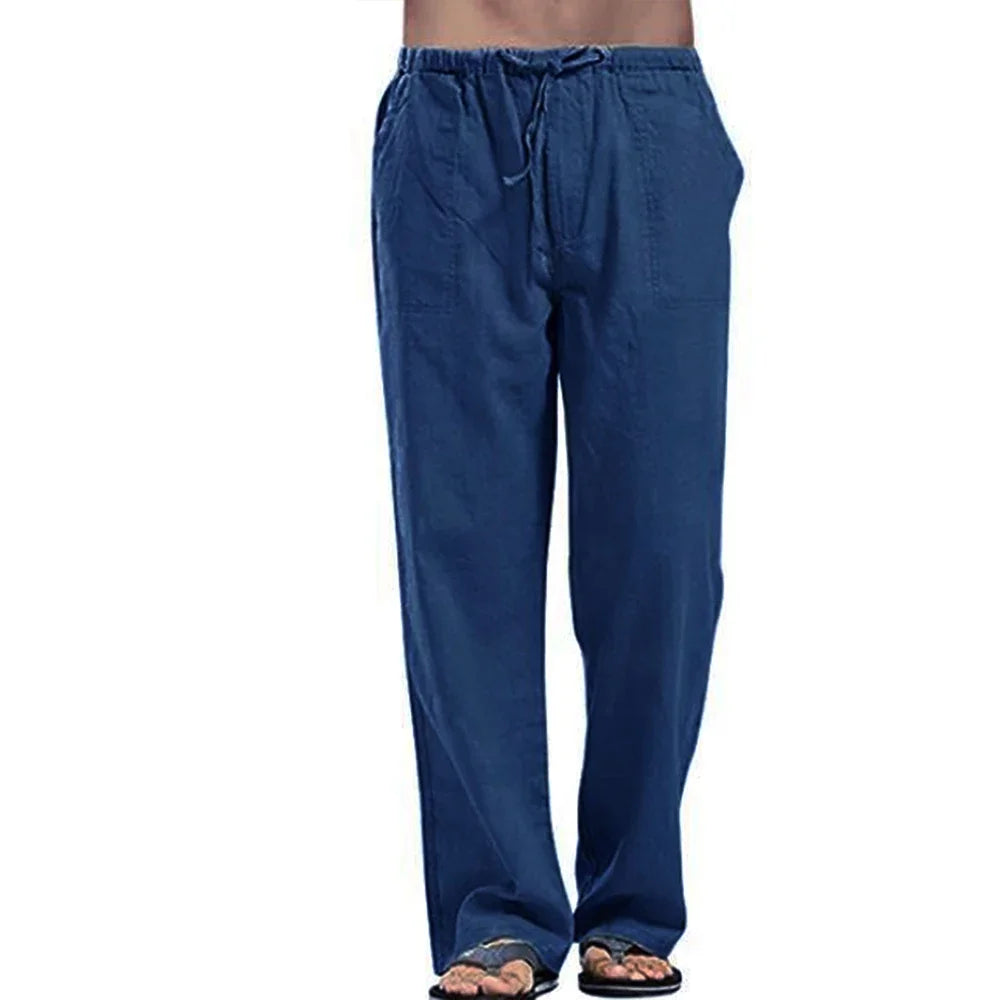 Men's Cotton Linen Pants Multiple Pockets Linen Breathable Pants Elastic Waist Fitness Joggers Trousers Casual Loose Sweatpants