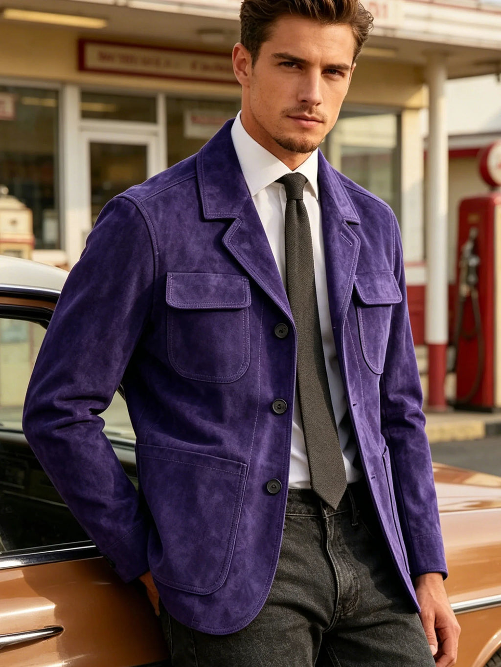 Men's Suede Safari Jacket Navy Slim Fit Fashion Multi-Pocket Notched Lapel Retro Casual Hunting Blazer For Business Daily Wear