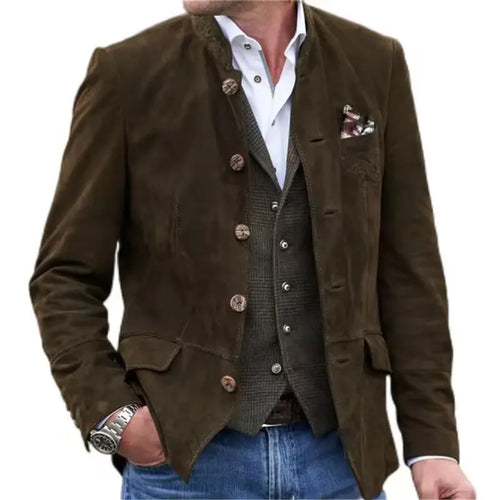 2025 New Suede jacket For Men Vintage Casual Suit Coat Spring Autumn Long Sleeve Stand Collar Retro Tops Outerwear Streetwear