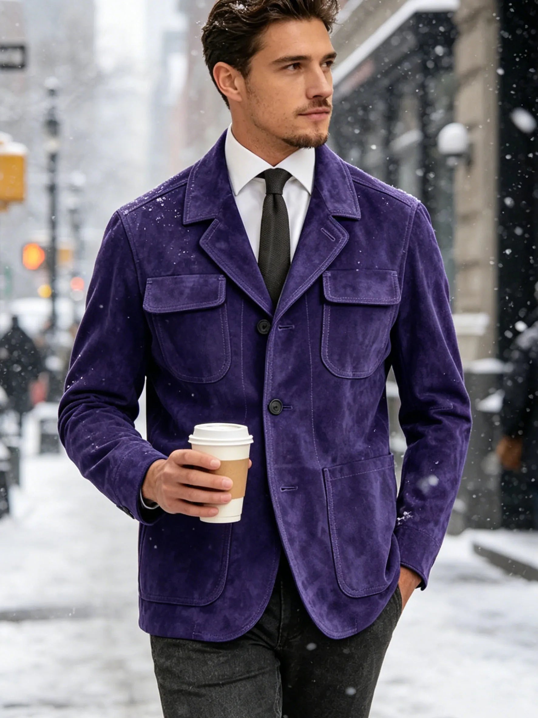 Men's Suede Safari Jacket Navy Slim Fit Fashion Multi-Pocket Notched Lapel Retro Casual Hunting Blazer For Business Daily Wear
