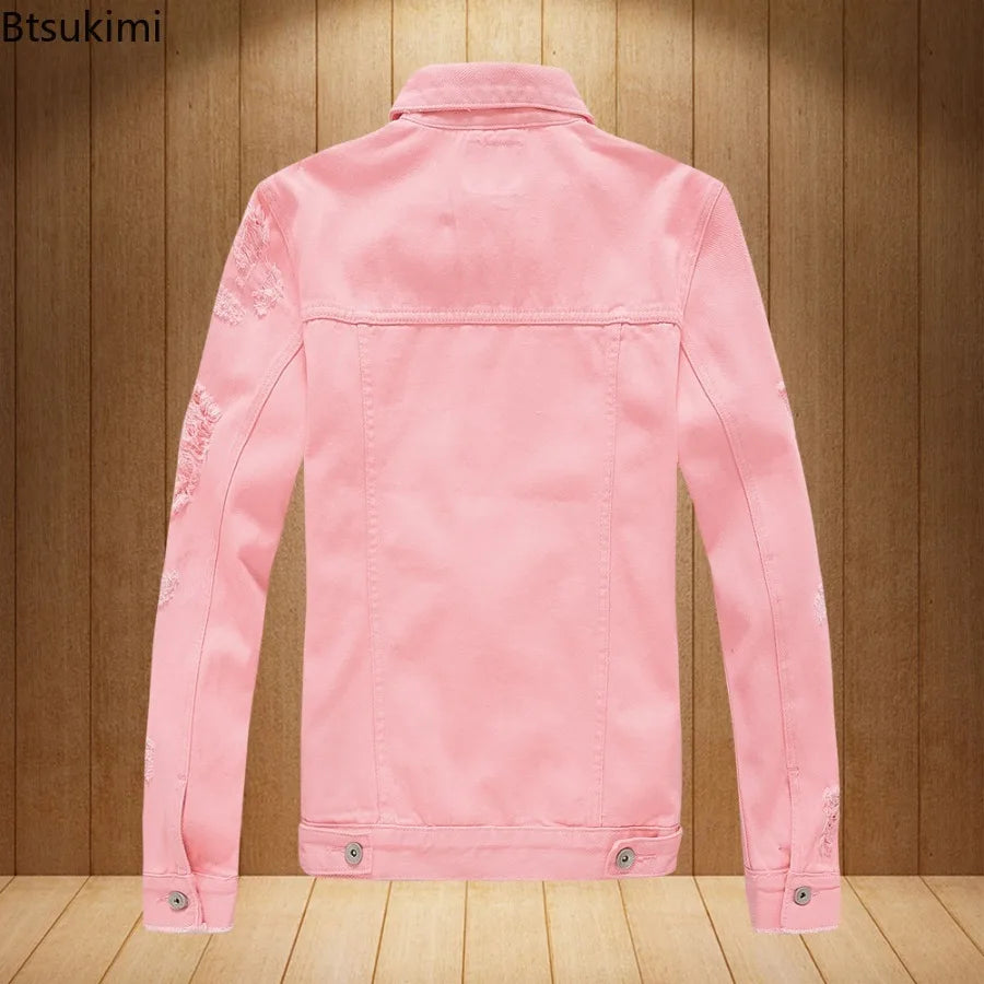 2026 New Men's Fashion Jeans Jacket Solid Spring Autumn Long Sleeves Cotton Denim Jacket Men Casual Ripped Hole Jean Coats Male