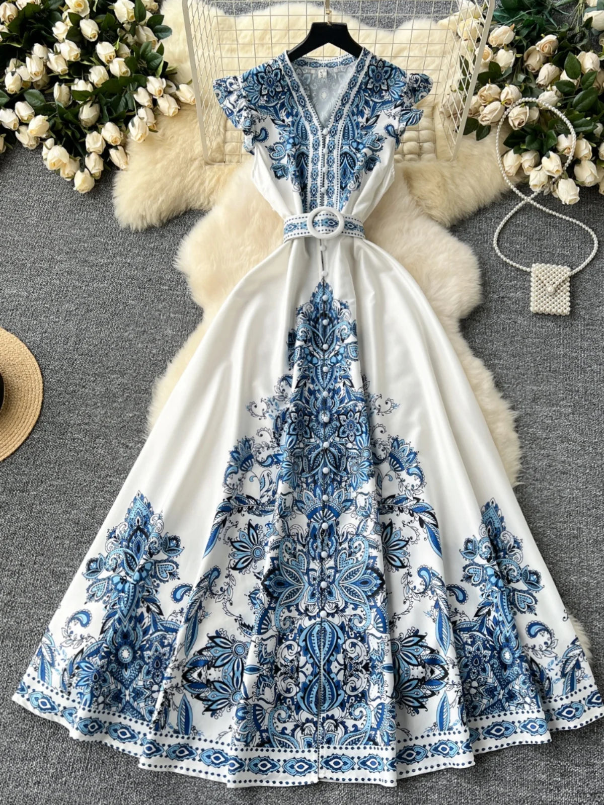 Ele Floral Print Long Dr Vintage Single Button V-Ne Skirt High Waist ort Sve Women's Summer Faion Dr