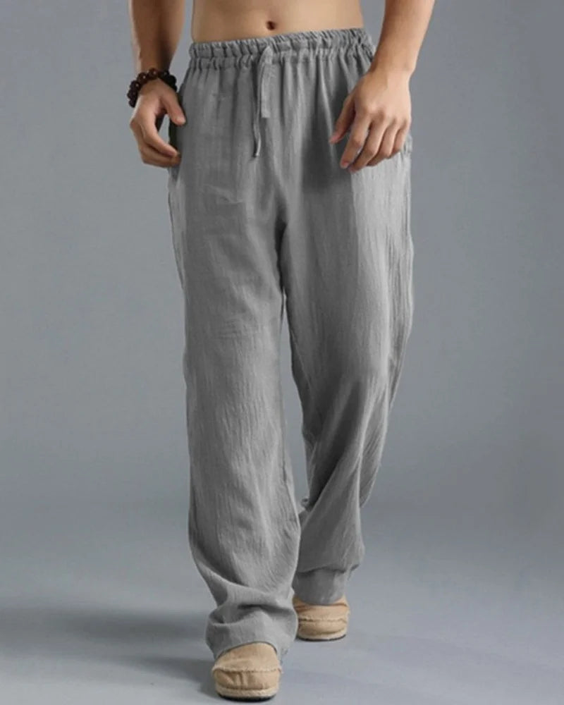 Men's cotton and linen casual pants are breathable, loose, wide legged, straight and simple pants, comfortable for daily wear, a