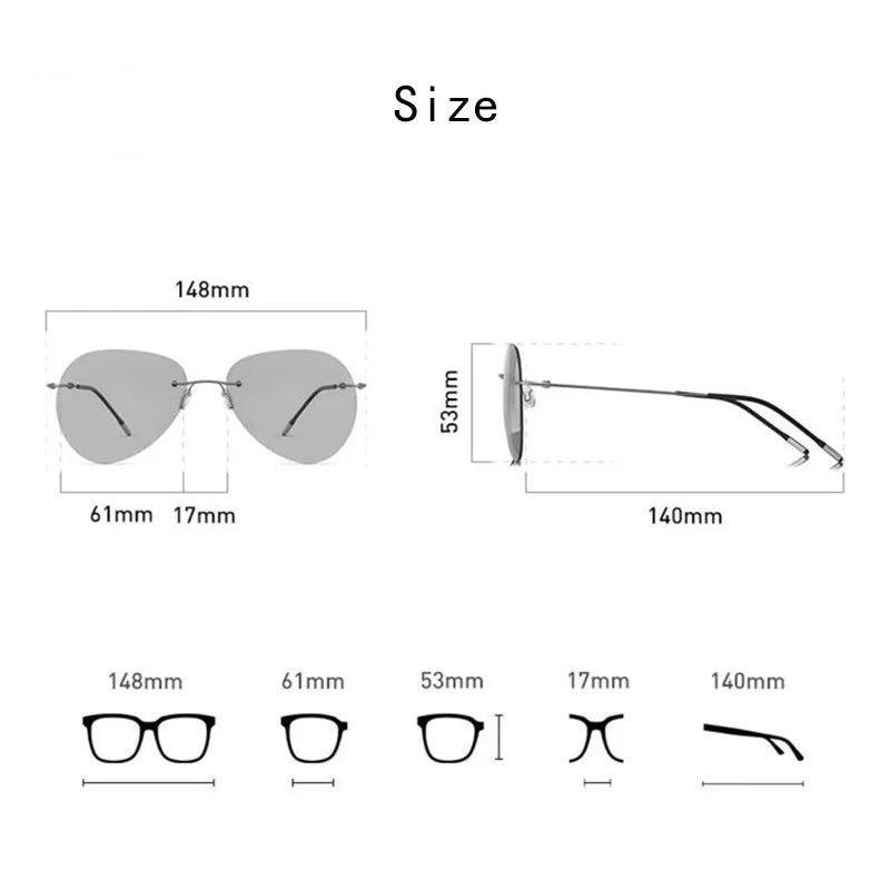 HD Pure Titanium Photochromic Rimless Sunglasses Polarized UV400 Night Vision Pilot Sun Glasses For Men Women Driving Glasses