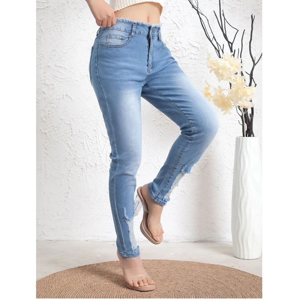 Women's jeans spring and autumn elastic American retro fashion light blue hole versatile slimming trend denim pants