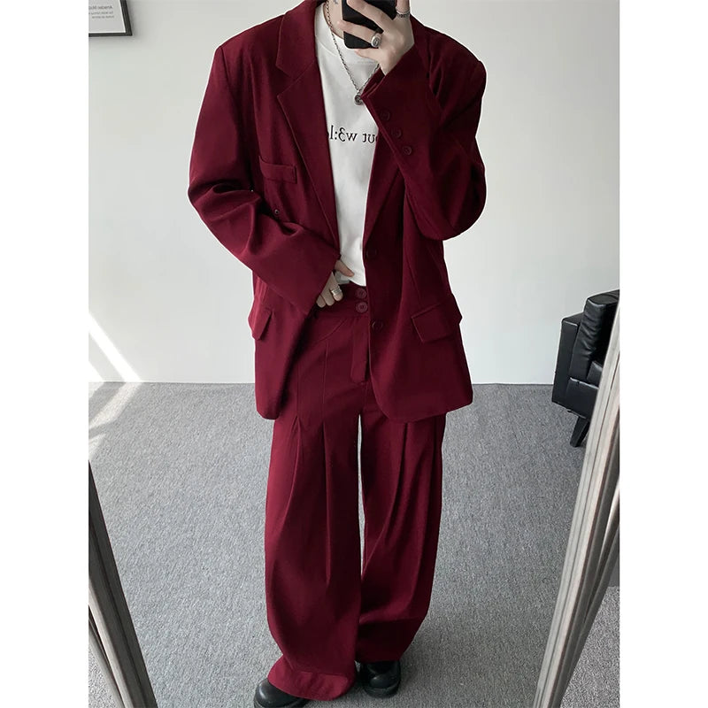 Casual suit set Men Loose fitting 2 piece suit Shoulder pads Trend Streetwear Korean 2025 NEW suit jacker+suit pants