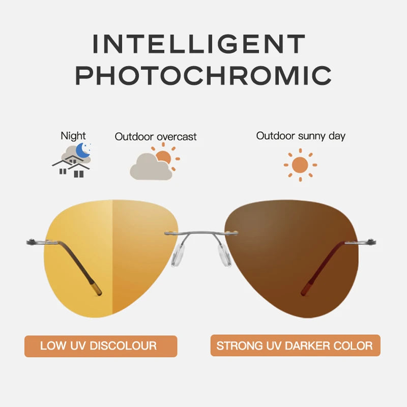 HD Pure Titanium Photochromic Rimless Sunglasses Polarized UV400 Night Vision Pilot Sun Glasses For Men Women Driving Glasses