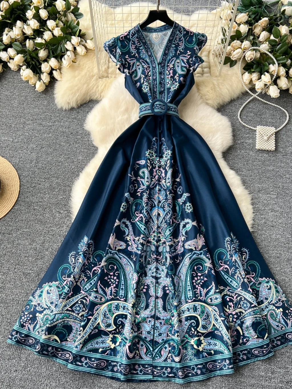 Ele Floral Print Long Dr Vintage Single Button V-Ne Skirt High Waist ort Sve Women's Summer Faion Dr
